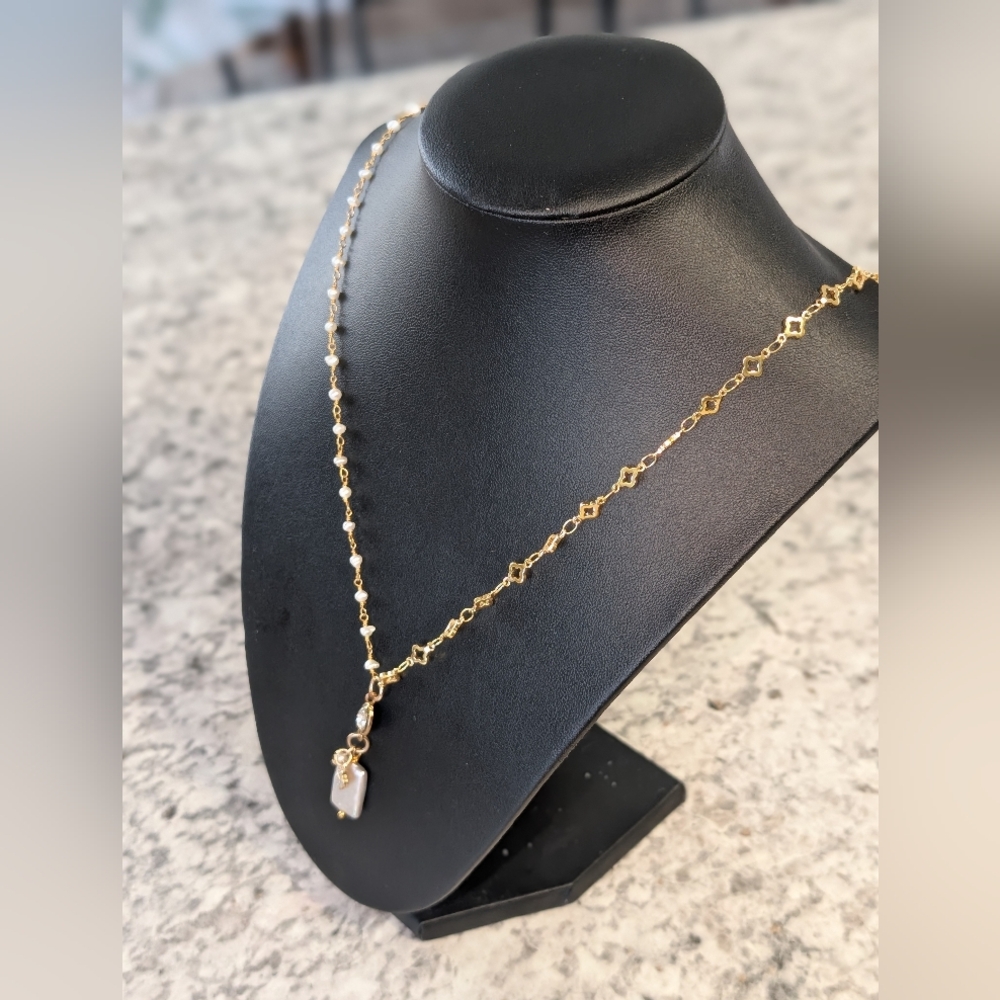 Hand Crafted Golden Bysantine Cross Chain and White Pearls Drop Necklace